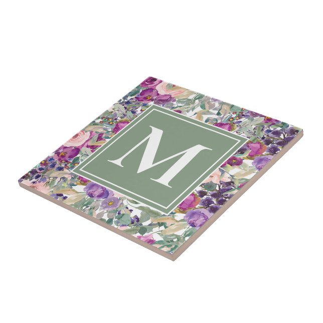 Carreau Purple Rose Sauge Vert Fleurs Boho Monogramme   (Côté)