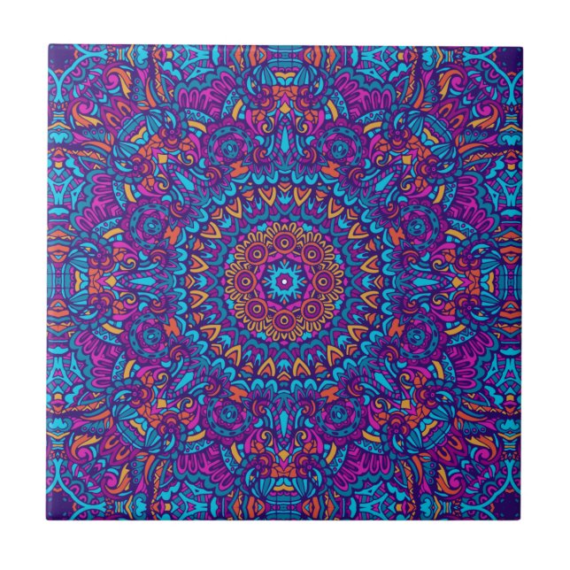 Carreau Purple, Turquoise, Orange & Boho Jaune Mandala (Devant)