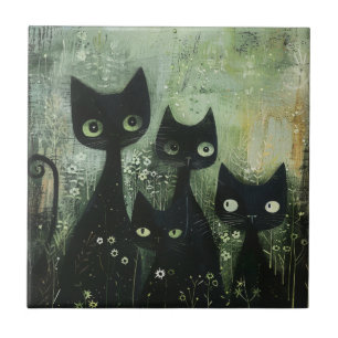 Carreau Quatre chats noirs avec des pâquerettes sur gris m