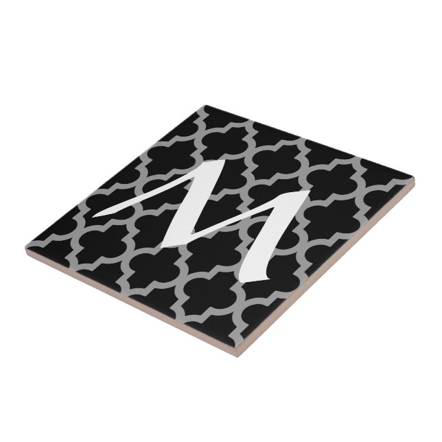 Carreau Quatrefoil d'humeurs marocaines noir avec initial (Côté)