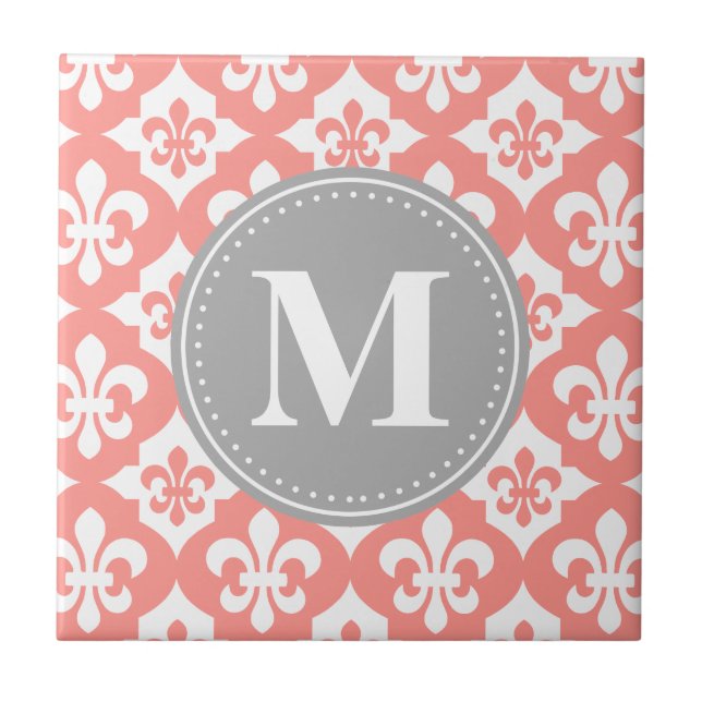 Carreau Quatrefoil Fleur-De-Lis Coral Gris Rose Monogramme (Devant)