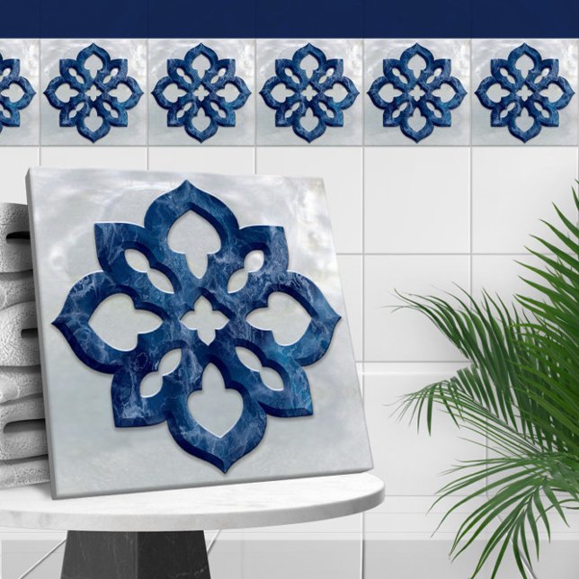 Carreau Quatrefoil marocain Marbre bleu et perle (Créateur téléchargé)