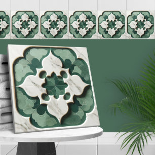 Carreau Quatrefoil marocain Vert et Marbre blanc