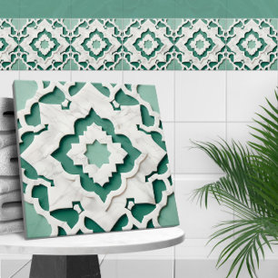 Carreau Quatrefoil marocain Vert et Marbre blanc