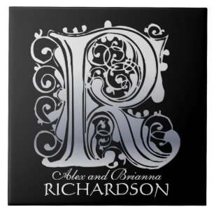 Carreau R Monogramme "Dentelle d'argent sur noir" avec Nom