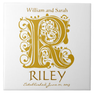 Carreau R Monogramme or sur blanc - Noms Mariage Date Tile