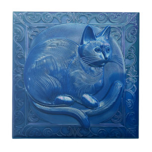 Carreau R Navy Bleu faux relief Art Nouveau Chat