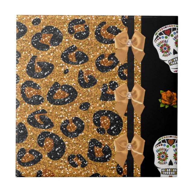 Carreau RAB Rockabilly Gold Leopard Print Sugar Skulls (Devant)