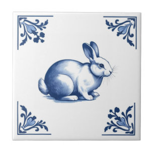 Carreau Rabbit avec des angles floraux bleus et blancs