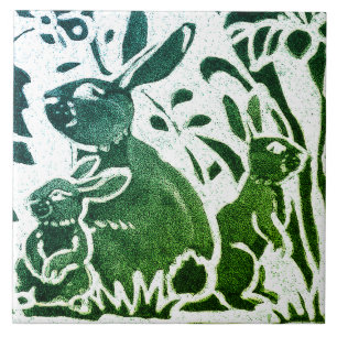 Carreau Rabbit Batik Moderne Vert Bleu Floral Bois Art