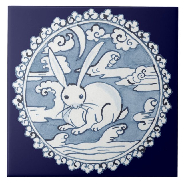 Carreau Rabbit bleu asiatique dans les nuages Design de po (Devant)