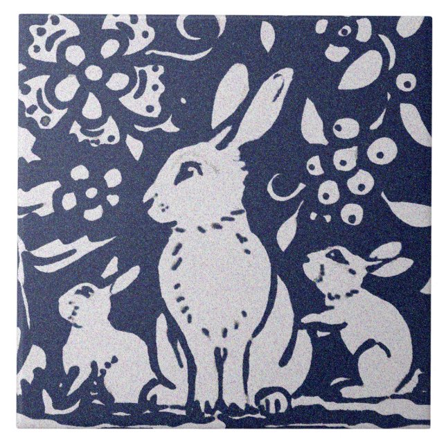 Carreau Rabbit Bleu Gris Granit Pierre Bois Animal Art (Devant)