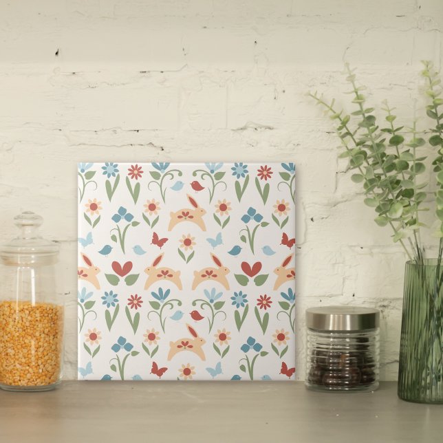 Carreau Rabbits Fleur sauvage Motif d'art populaire (Créateur téléchargé)