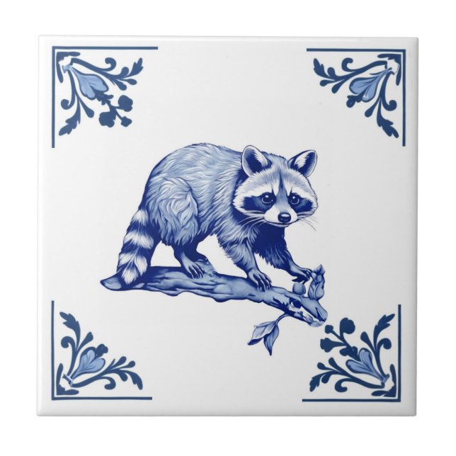 Carreau Raccoon Delft Blue et White Corners Woodland (Devant)