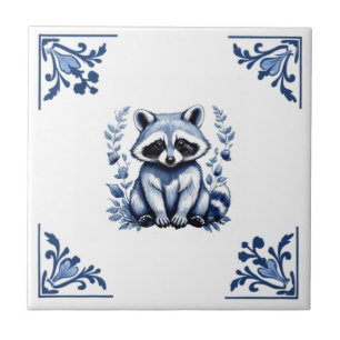 Carreau Raccoon Delft Blue White Corners Bois Animaux