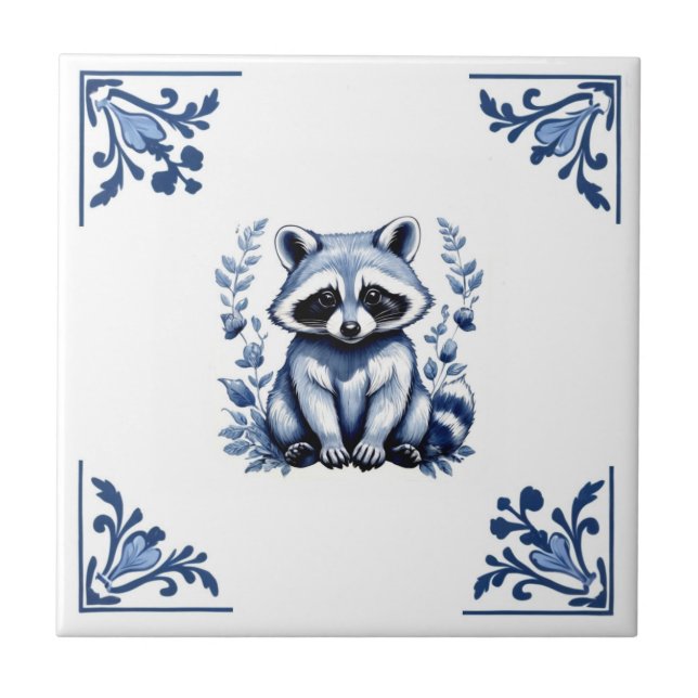 Carreau Raccoon Delft Blue White Corners Bois Animaux (Devant)