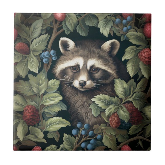 Carreau Raccoon et baies inspirés de William Morris (Devant)