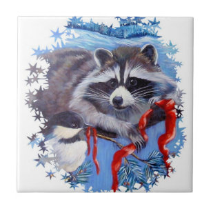 Carreau Raccoon et chickadee Tuile en céramique d'hiver