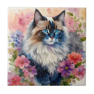 Carreau Ragdoll Chat Portrait Floral