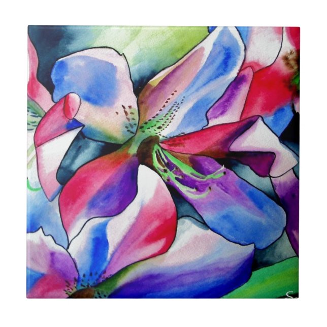 Carreau Rainbow Azalea fleur aquarelle originale (Devant)