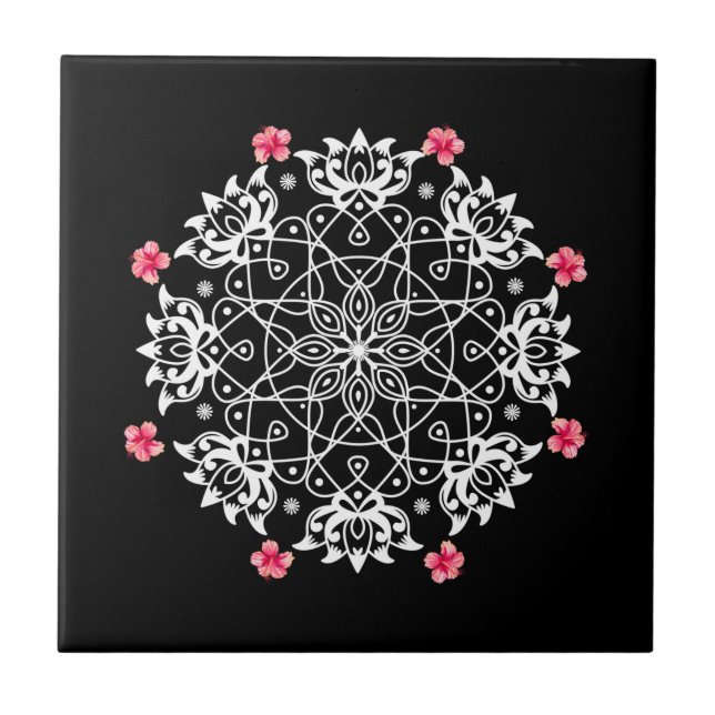 Carreau Rangoli blanc avec hibiscus (Devant)