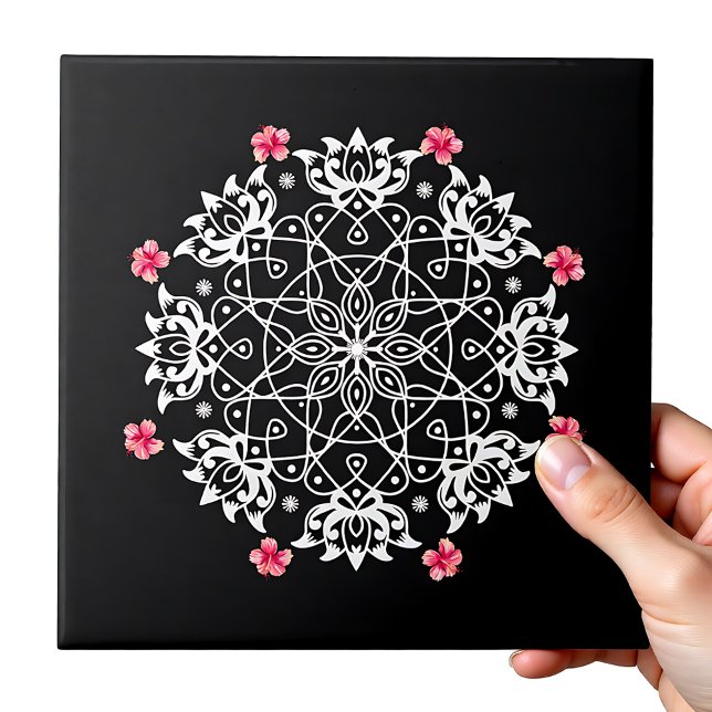 Carreau Rangoli blanc avec hibiscus (White Rangoli with hibiscus Ceramic Tile)