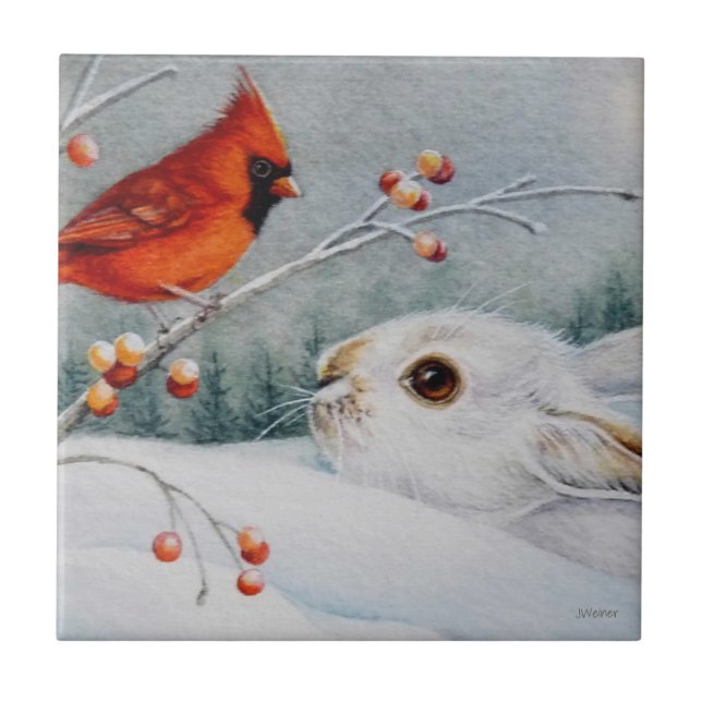 Carreau Raquette à neige Rabbit & Red Cardinal Watercolor  (Devant)
