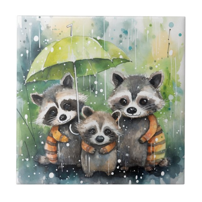 Carreau Raton laveurs mignons sous la pluie (Devant)