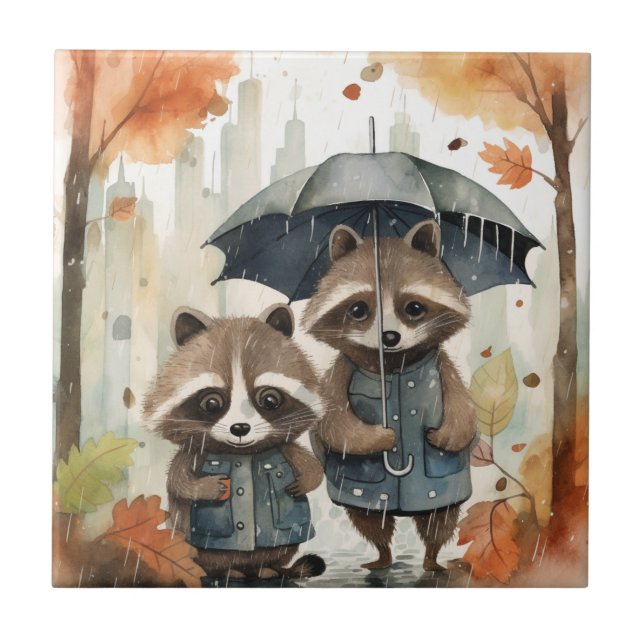 Carreau Raton laveurs mignons sous la pluie (Devant)