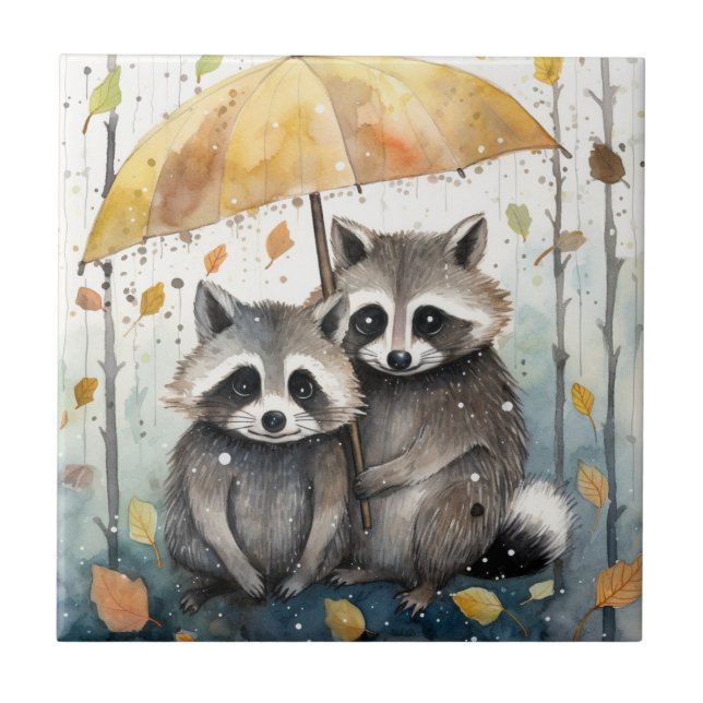 Carreau Raton laveurs mignons sous la pluie (Devant)