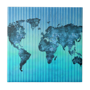 Carreau Rayures bleues au néon de la carte du monde