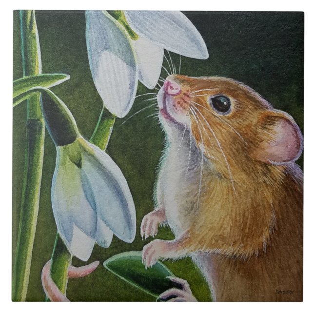 Carreau Récolte Souris Odeur Snowdrops Aquarelle Art (Devant)