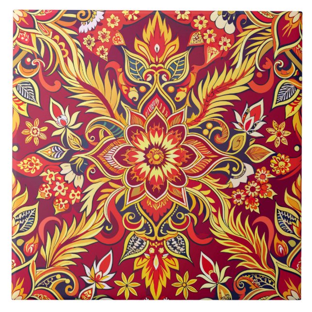 Carreau Red Batik Motif Floral Imprimer Ethnique tradition (Devant)