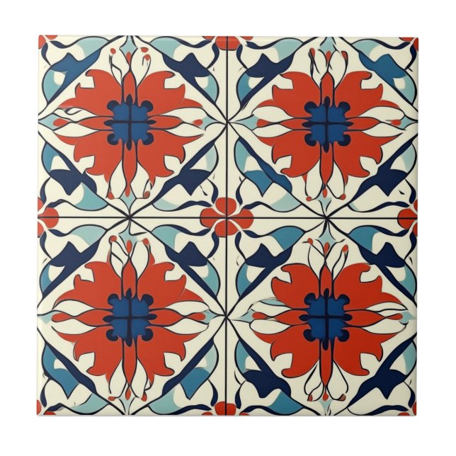 Carreau Red Blue and Off White Pattern Ceramic Tile (Devant)