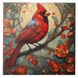 Carreau Red Cardinal Bird dans un style Art Nouveau Art Dé