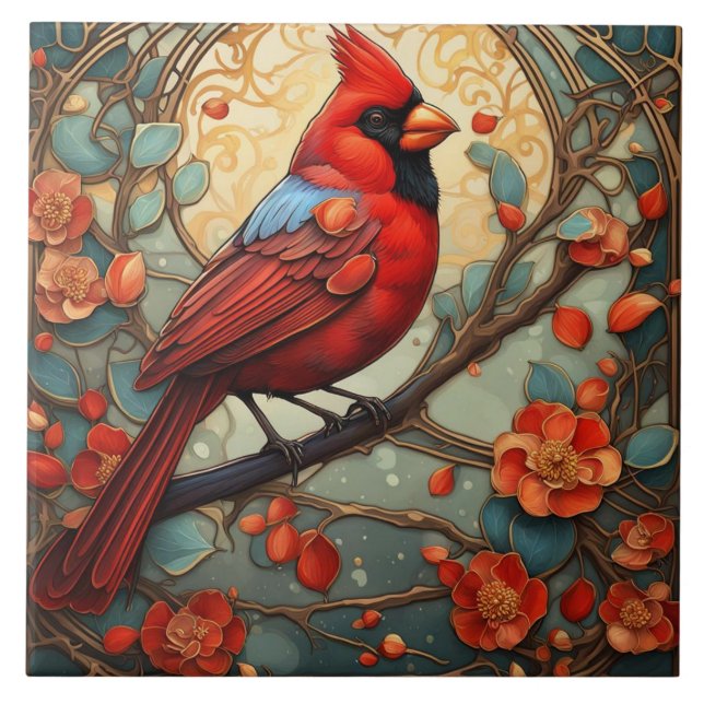Carreau Red Cardinal Bird dans un style Art Nouveau Art Dé (Devant)