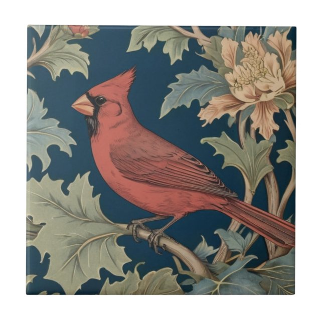 Carreau Red Cardinal Bird William Morris style gauche face (Devant)