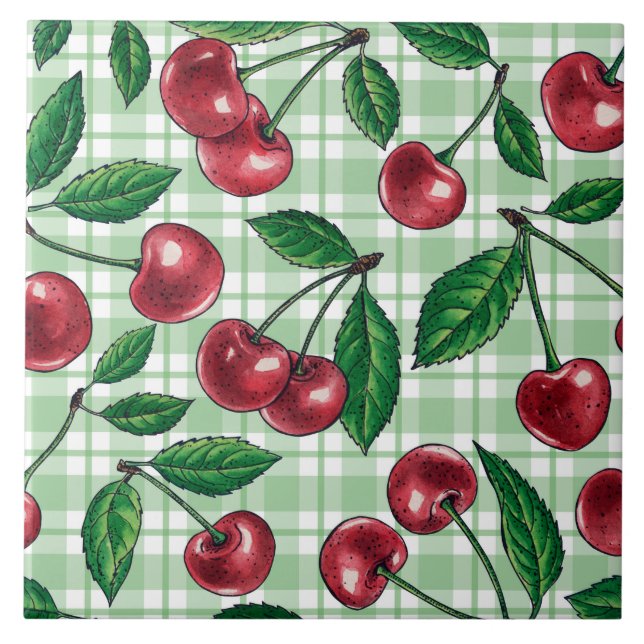 Carreau Red cherries on light green gingham (Devant)