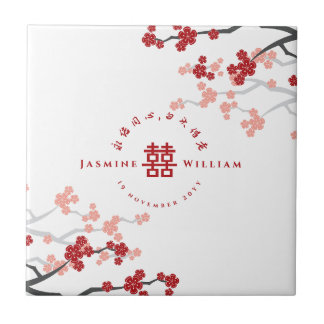 Carreau Red Cherry Blossoms Double Xi cadeau Mariage chino