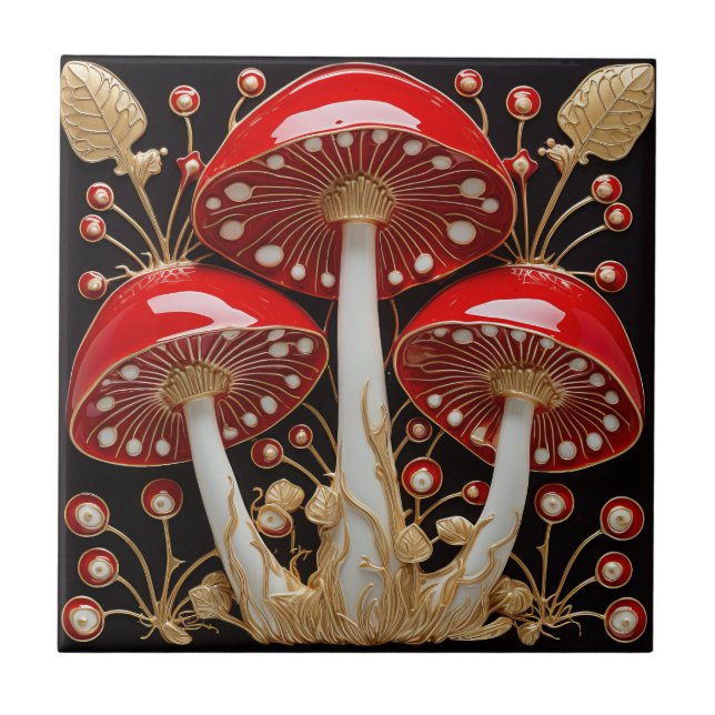 Carreau Red Gold Amanita Muscaria Mushroom 3D Effet (Devant)