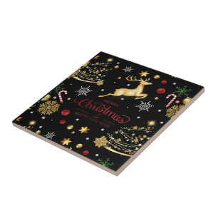 Carreau Red Gold Reindeer Joyeux sapin de Noël