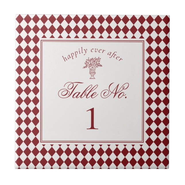 Carreau Red Merlot Harlequin Checker Wedding Table Number (Devant)