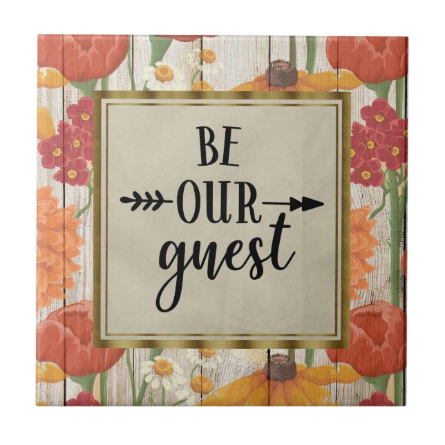 Carreau Red Orange Floral Rustic Wood Soyez Notre Invité (Devant)