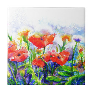Carreau Red Poppy Fields -aquarelle peinture florale