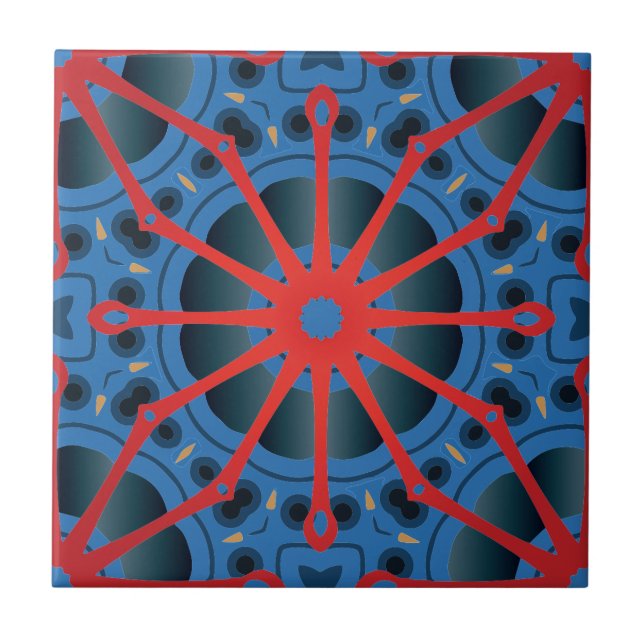 Carreau Red Scarlet et Blue Indigo Motif ethnique Boho (Devant)