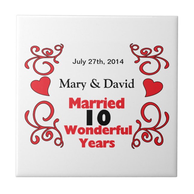 Carreau Red Scroll & Hearts Noms et Date 10 Anniversaire (Devant)