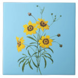 Carreau  Redoute Coreopsis Flower Tile<br><div class="desc">Redoute bright yellow Coreopsis on a baby blue background.</div>