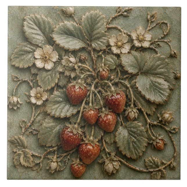 Carreau Relief Faux Botanique de Plante de Fraise Antique (Devant)