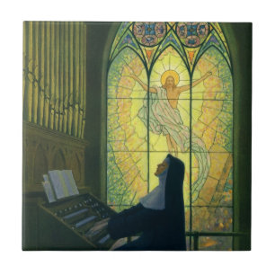 Carreau Religion vintage, religieuse jouant de l'orgue à l
