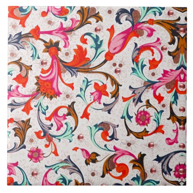 CARREAU RENAISSANCE FLORENTINE ROUGE TOURBILLONS FLORAUX,  (Devant)